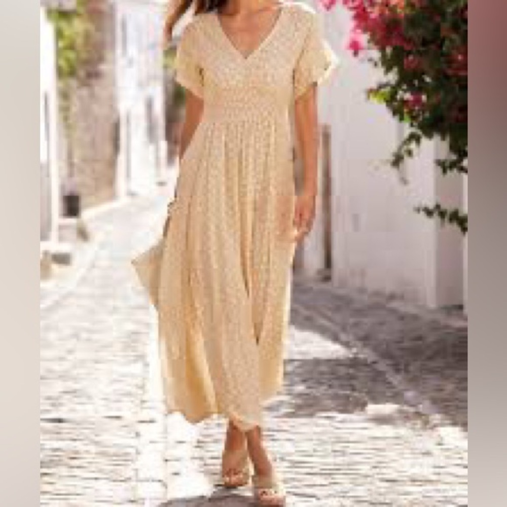 Lascana Floral Patterned V NECK SMOCKED MAXI DRESS, SHORT FLOUNCE SLEEVES SIZE 8